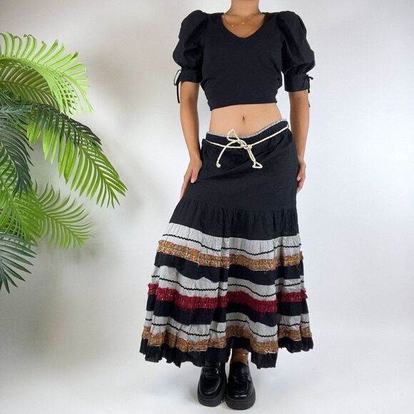 Vintage 90s At Last Grunge Boho Low Rise Fairycore Hippie Striped Midi Skirt / L - Picture 1 of 5